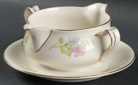 Springtime (Ivory Background, Pink Blue Gray) Gravy Boat with Attached Underplate