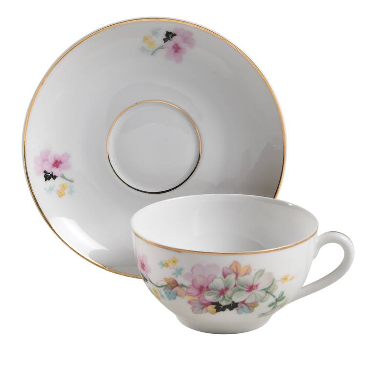 Virginia (Pink Flowers, Black Leaves) Flat Cup & Saucer Set