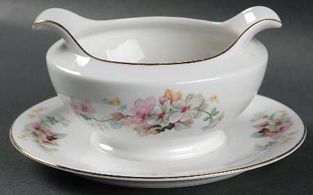Virginia (Pink Flowers, Black Leaves) Gravy Boat with Attached Underplate