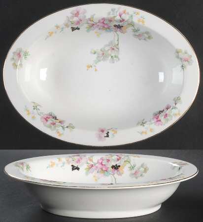Virginia (Pink Flowers, Black Leaves) 9" Oval Vegetable Bowl