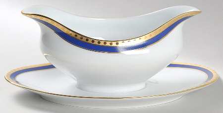 Blue Band Gravy Boat with Attached Underplate