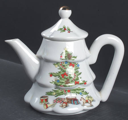 Holiday Hostess (Trim, Gold Band) Tree Shaped Teapot & Lid