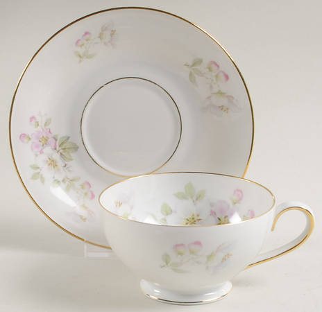 Apple Blossom (White Background) Footed Cup & Saucer Set