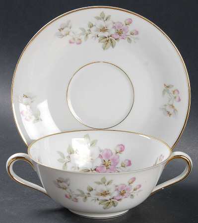 Apple Blossom (White Background) Footed Cream Soup Bowl & Saucer Set