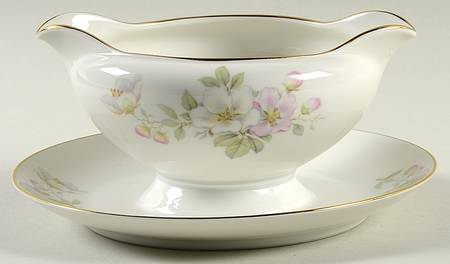 Apple Blossom (White Background) Gravy Boat with Attached Underplate