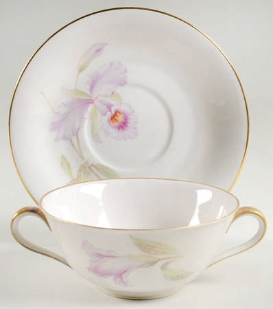 Orchid (White Background) Flat Cream Soup Bowl & Saucer Set