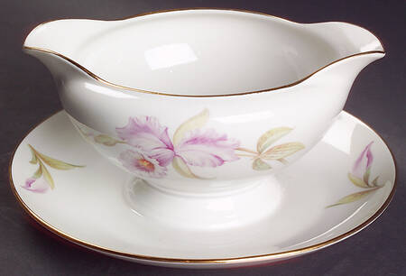 Orchid (White Background) Gravy Boat with Attached Underplate