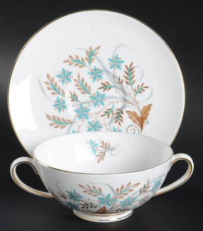 Blue Star (White Background, Gold Trim) Footed Cream Soup Bowl & Saucer Set