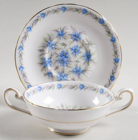 Love In The Mist Blue Cream Soup Bowl & Saucer Set