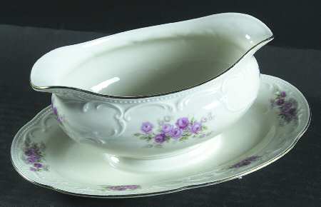 Mozart (Pink Roses-White) Gravy Boat with Attached Underplate