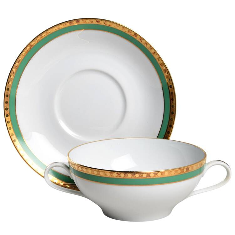 Green Band Flat Cream Soup Bowl & Saucer Set