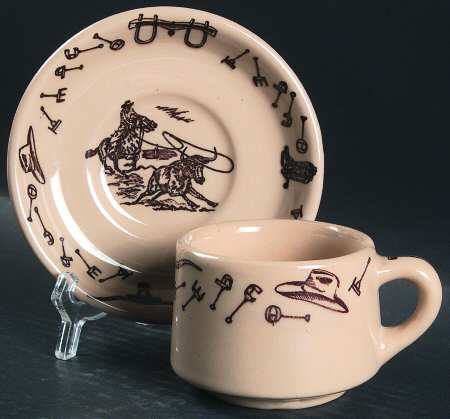 Branding Iron Lasso (Brown On Tan) Flat Cup & Saucer Set