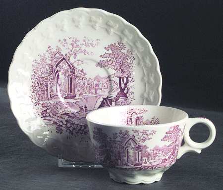 English Abbey Red (Garland, Rim, No Trim) Footed Cup & Saucer Set