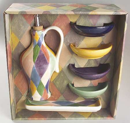 Carnival Oil Jar W/ Drizzle Spout, 4 Motif Dip Bowls & Tray
