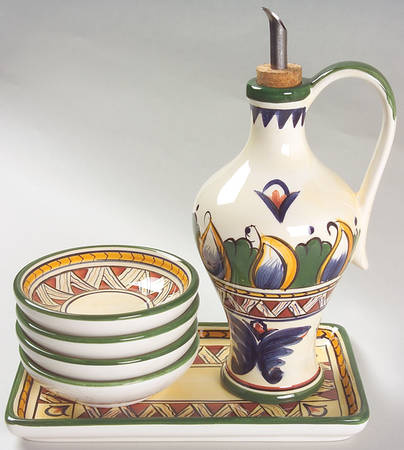 Deruta Oil Jar/Drizzler with 4 Dipping Bowls & Tray