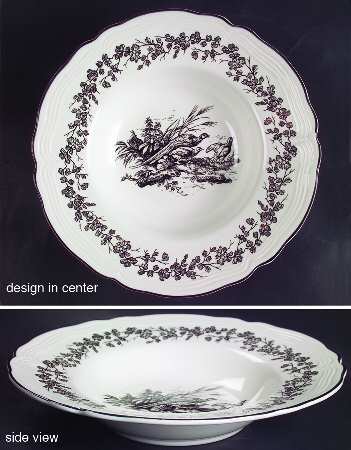 New England Toile Black (Gamebirds) Large Rim Soup Bowl by Tabletops Unlimited