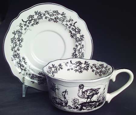 New England Toile Black (Gamebirds) Flat Cup & Saucer Set