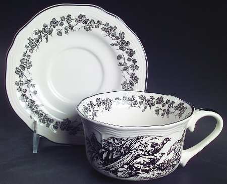 New England Toile Black (Gamebirds) Flat Cup & Saucer Set