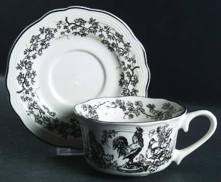 New England Toile Black (Gamebirds) Flat Cup & Saucer Set