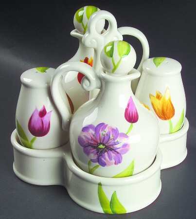 Spring Floral 5-Piece Condiment Set (V&O, S&P, Tray)
