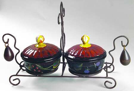 Midnight Garden 5 Pc Condiment Set, 2 Bowls with Lids on Metal Std