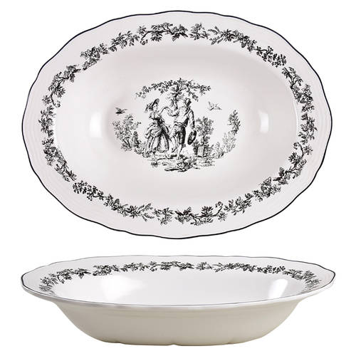 New England Toile (People) 13" Oval Vegetable Bowl