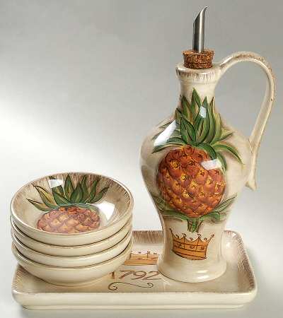 Tropical Pineapple Oil Jar/Drizzler with 4 Dipping Bowls & Tray