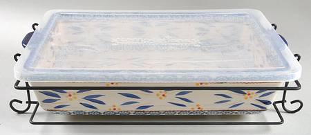Old World Blue 15" Rectangular Baker W/Storage Cover& Metal Stand