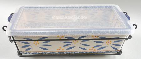 Old World Blue 13" Rectangular Baker & Plastic Lid with Metal Stand
