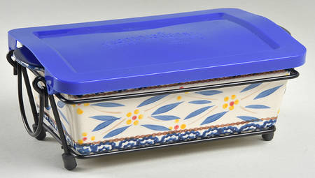 Old World Blue 10" Rectangular Baker W/Plastic Lid & Metal Stand
