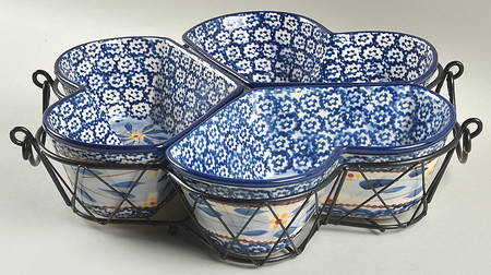Old World Blue 4pc Heart Baker Set (3 Bakers & Metal Stand)
