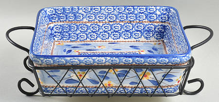 Old World Blue 9" Square Baker & Metal Stand