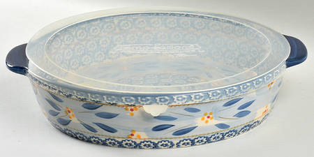 Old World Blue 3 Qt Round Baker & Plastic Lid for Baker & Ramekins Set (Chip & Dip)