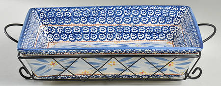 Old World Blue 13" Rectangular Baker with Metal Stand