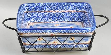 Old World Blue 9" Square Baker & Metal Stand