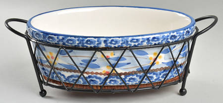 Old World Blue 7" Oval Vegetable w/Metal Stand & Wicker Trivet