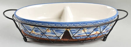 Old World Blue 14" Divided Oval Baker & Metal Stand