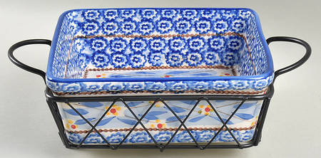 Old World Blue 8" Square Baker & Metal Stand