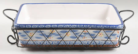 Old World Blue 12" Rectangular Baker & Wicker Trivet w/Mtl Stand