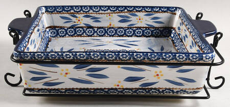 Old World Blue 13" Square Baker with Metal Stand