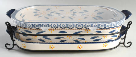 Old World Blue 15" Oval Baker w/Plastic Lid, Lid-It & Metal Stand