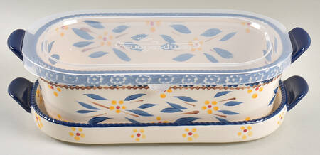 Old World Blue 11" Oval Baker w/Plastic Lid & Lid-It