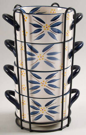 Old World Blue (S/4) Stackable Soup/Cereal Bowls & Metal Holder