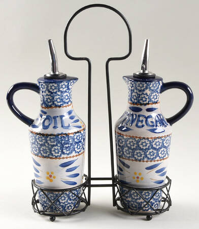 Old World Blue Oil & Vinegar Drizzle Jars with Metal Holder
