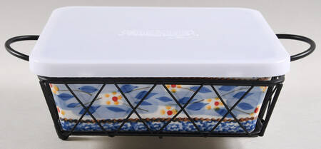 Old World Blue 8" Square Baker W/Storage Cover & Metal Stand