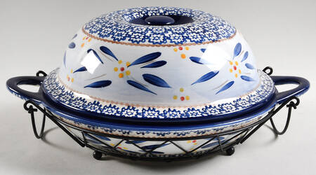 Old World Blue Shallow Baker & Lid/Bowl with Metal Stand