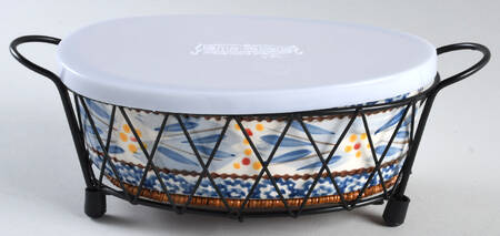 Old World Blue 7" Oval Baker w/Metal Stand,Trivet & Storage Cover