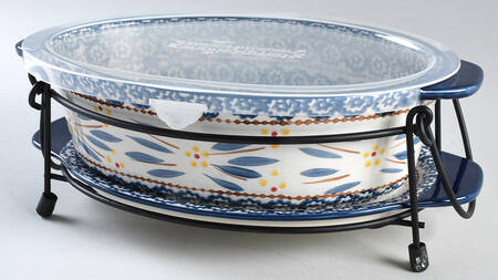 Old World Blue 11" Oval Baker w/Plastic Lid, Lid-It & Mtl Stand