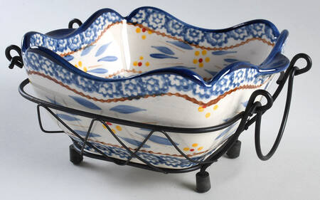 Old World Blue 1 Qt Square Bake & Serve Bowl with Metal Stand