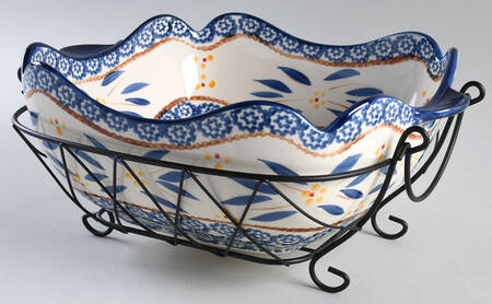 Old World Blue 2.5 Qt Square Bake & Serve Bowl with Metal Stand